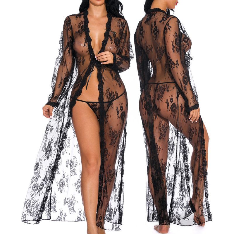 Sexy Lace Robe for Women Lingerie Bridal Lace Babydoll Lingerie Sheer Wedding Gown Deep V-Neck Split Front See-Through Maxi Lace Dress for Photography with Long Sleeve Nightwear Nightgown Mesh Dress