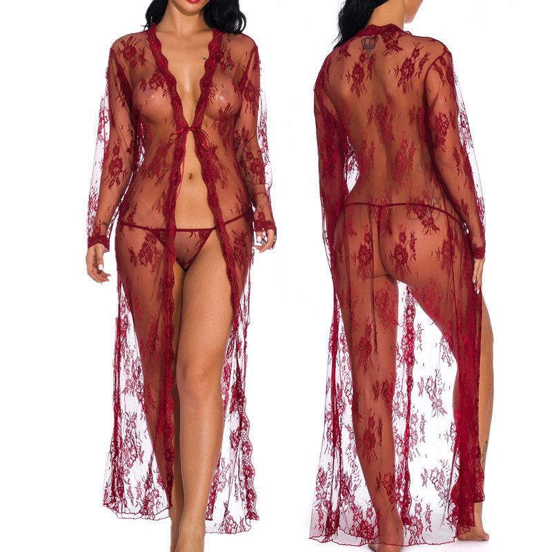 Sexy Lace Robe for Women Lingerie Bridal Lace Babydoll Lingerie Sheer Wedding Gown Deep V-Neck Split Front See-Through Maxi Lace Dress for Photography with Long Sleeve Nightwear Nightgown Mesh Dress