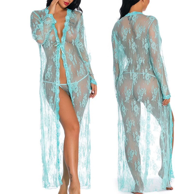 Sexy Lace Robe for Women Lingerie Bridal Lace Babydoll Lingerie Sheer Wedding Gown Deep V-Neck Split Front See-Through Maxi Lace Dress for Photography with Long Sleeve Nightwear Nightgown Mesh Dress