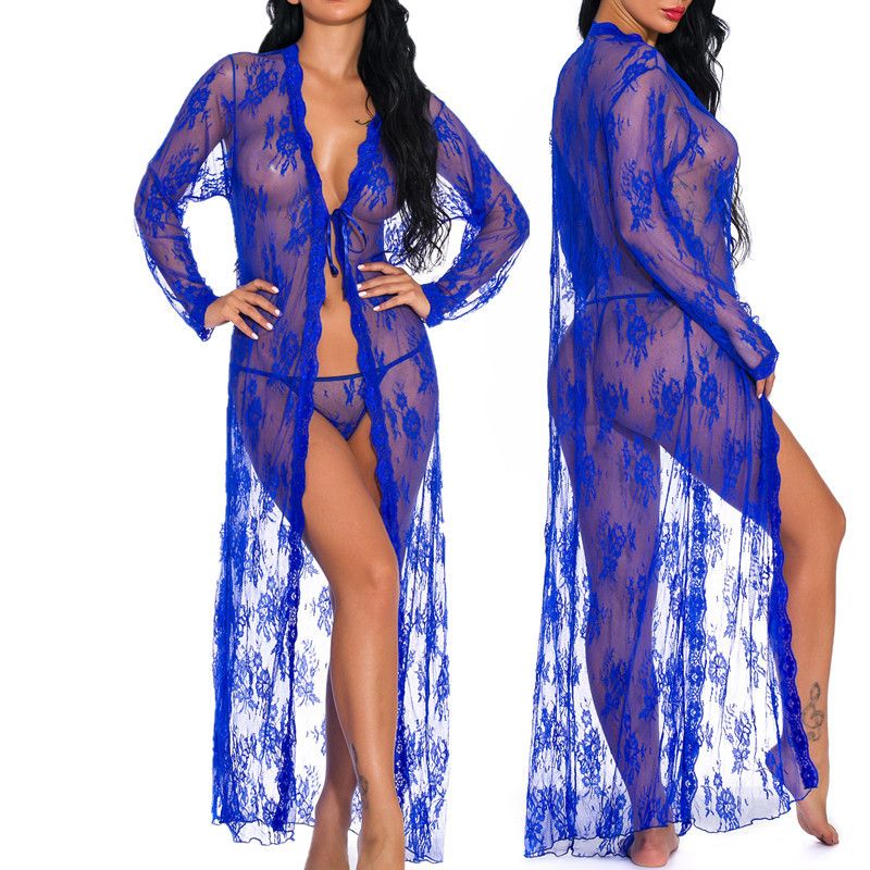 Sexy Lace Robe for Women Lingerie Bridal Lace Babydoll Lingerie Sheer Wedding Gown Deep V-Neck Split Front See-Through Maxi Lace Dress for Photography with Long Sleeve Nightwear Nightgown Mesh Dress