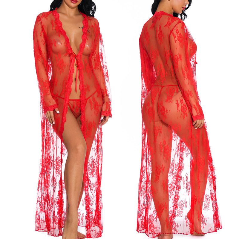 Sexy Lace Robe for Women Lingerie Bridal Lace Babydoll Lingerie Sheer Wedding Gown Deep V-Neck Split Front See-Through Maxi Lace Dress for Photography with Long Sleeve Nightwear Nightgown Mesh Dress