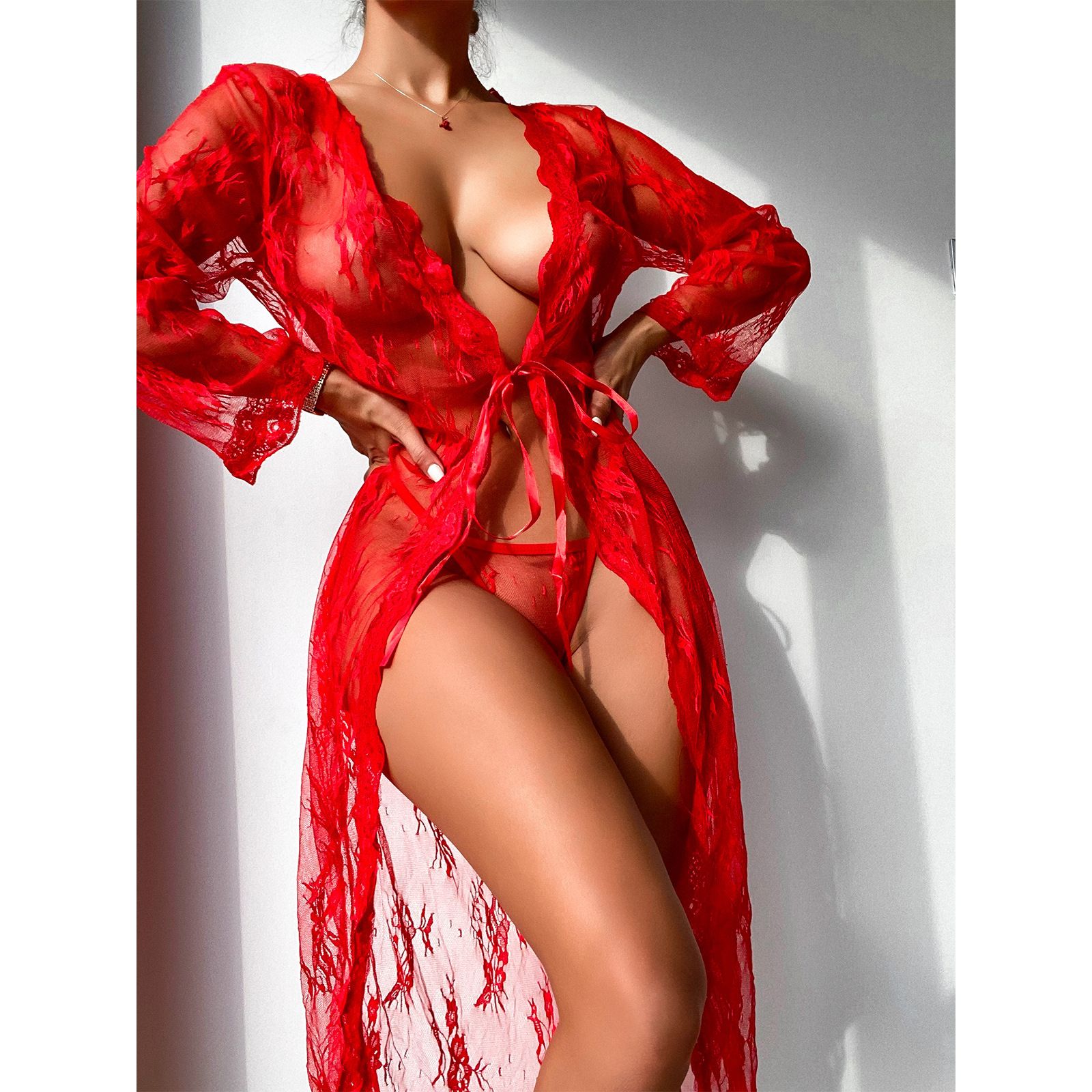 Sexy Lace Robe for Women Lingerie Bridal Lace Babydoll Lingerie Sheer Wedding Gown Deep V-Neck Split Front See-Through Maxi Lace Dress for Photography with Long Sleeve Nightwear Nightgown Mesh Dress