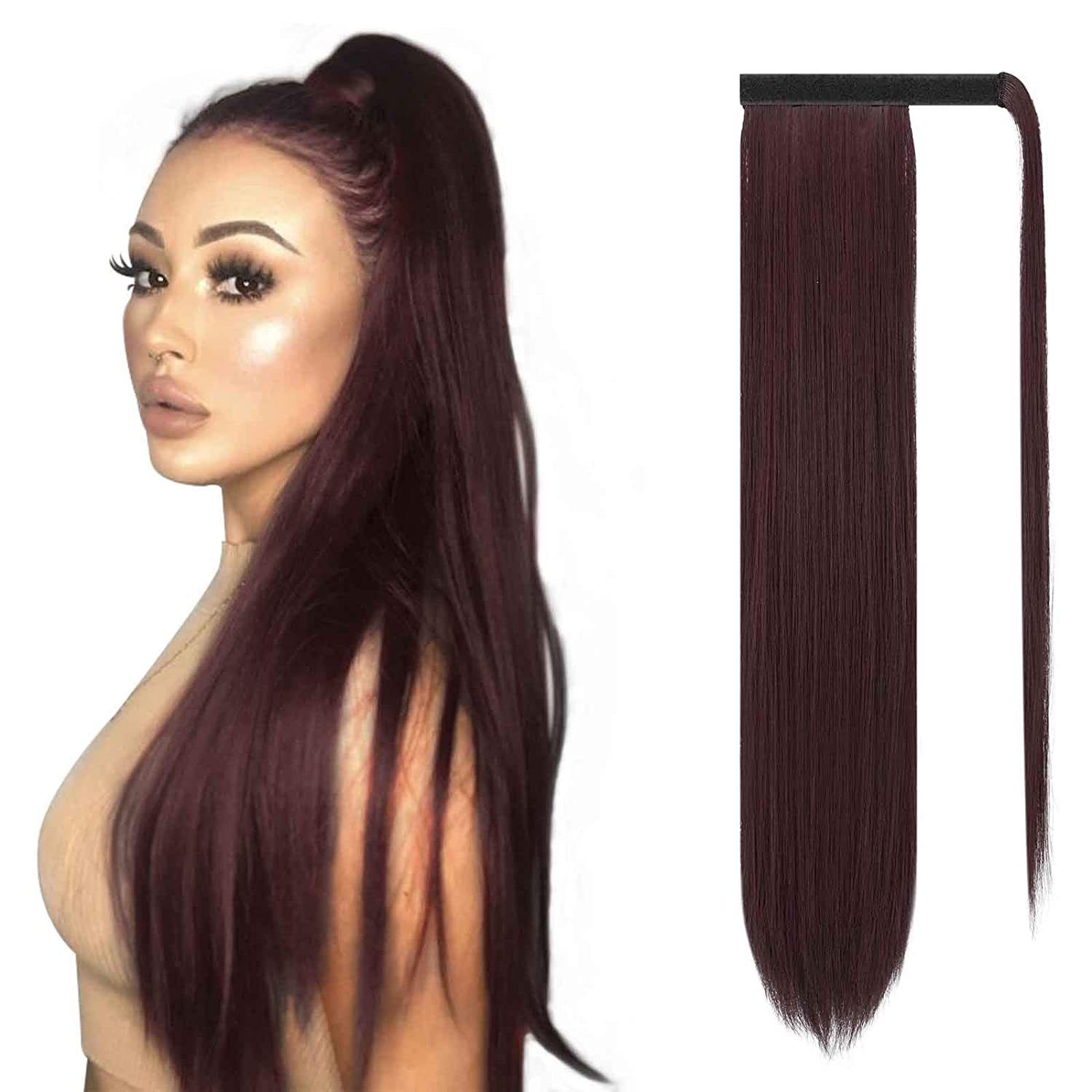 85 CM Ponytail Extension Wrap Around Long Straight Pony Tail Hair Synthetic Hairpiece for Women Color Blonde Long Straight Wrap Around Ponytail Human Hair Clip Synthetic Hairpiece