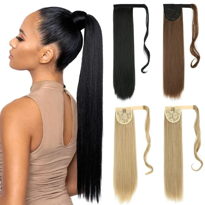 85 CM Ponytail Extension Wrap Around Long Straight Pony Tail Hair Synthetic Hairpiece for Women Color Blonde Long Straight Wrap Around Ponytail Human Hair Clip Synthetic Hairpiece