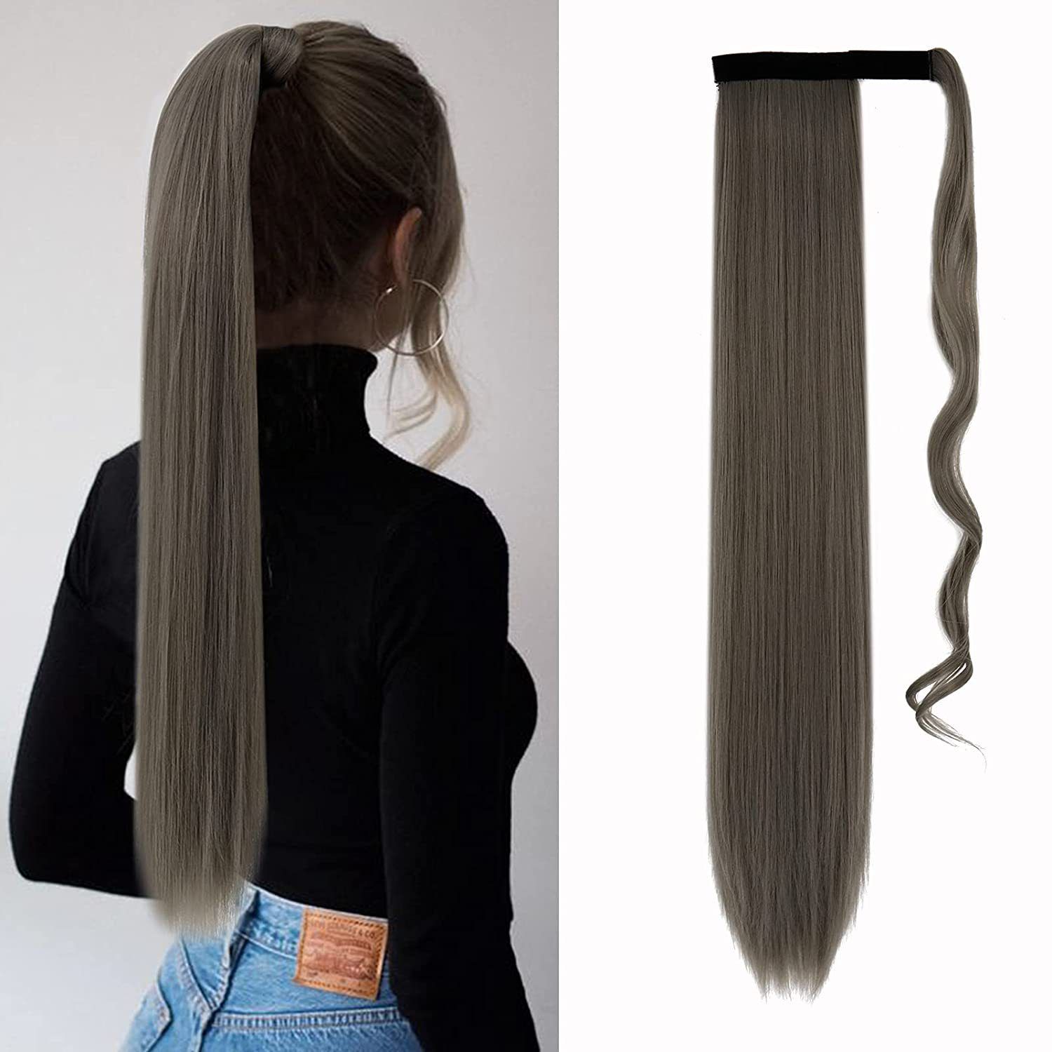 85 CM Ponytail Extension Wrap Around Long Straight Pony Tail Hair Synthetic Hairpiece for Women Color Blonde Long Straight Wrap Around Ponytail Human Hair Clip Synthetic Hairpiece
