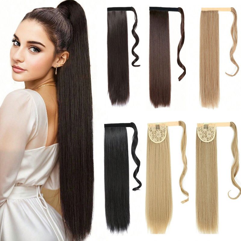 85 CM Ponytail Extension Wrap Around Long Straight Pony Tail Hair Synthetic Hairpiece for Women Color Blonde Long Straight Wrap Around Ponytail Human Hair Clip Synthetic Hairpiece