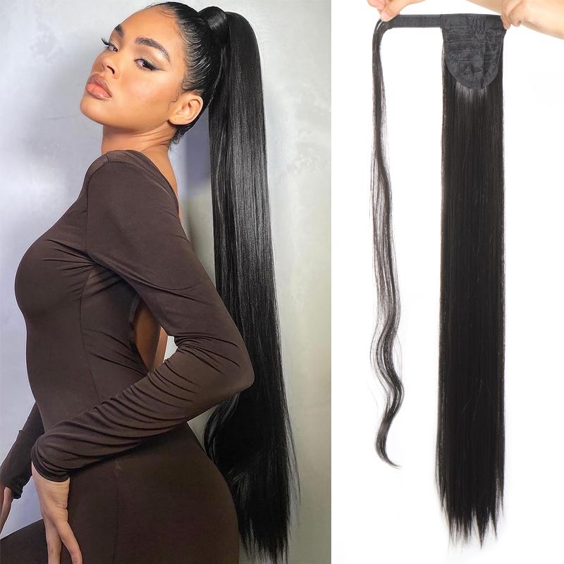 85 CM Ponytail Extension Wrap Around Long Straight Pony Tail Hair Synthetic Hairpiece for Women Color Blonde Long Straight Wrap Around Ponytail Human Hair Clip Synthetic Hairpiece