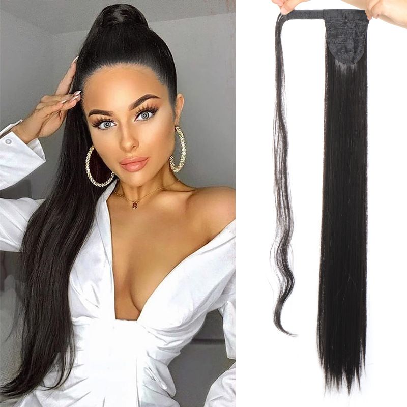 85 CM Ponytail Extension Wrap Around Long Straight Pony Tail Hair Synthetic Hairpiece for Women Color Blonde Long Straight Wrap Around Ponytail Human Hair Clip Synthetic Hairpiece