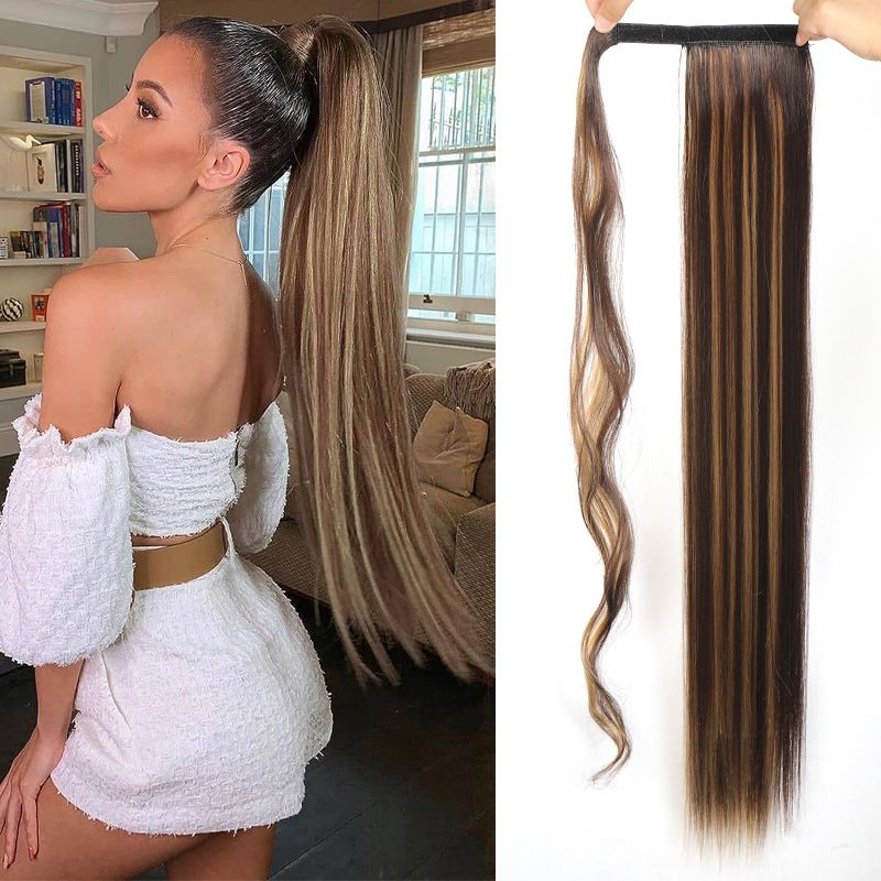 85 CM Ponytail Extension Wrap Around Long Straight Pony Tail Hair Synthetic Hairpiece for Women Color Blonde Long Straight Wrap Around Ponytail Human Hair Clip Synthetic Hairpiece