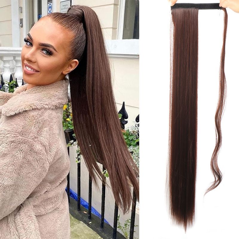 85 CM Ponytail Extension Wrap Around Long Straight Pony Tail Hair Synthetic Hairpiece for Women Color Blonde Long Straight Wrap Around Ponytail Human Hair Clip Synthetic Hairpiece