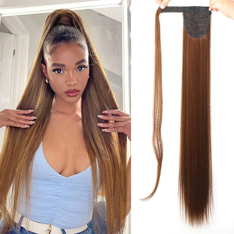 85 CM Ponytail Extension Wrap Around Long Straight Pony Tail Hair Synthetic Hairpiece for Women Color Blonde Long Straight Wrap Around Ponytail Human Hair Clip Synthetic Hairpiece