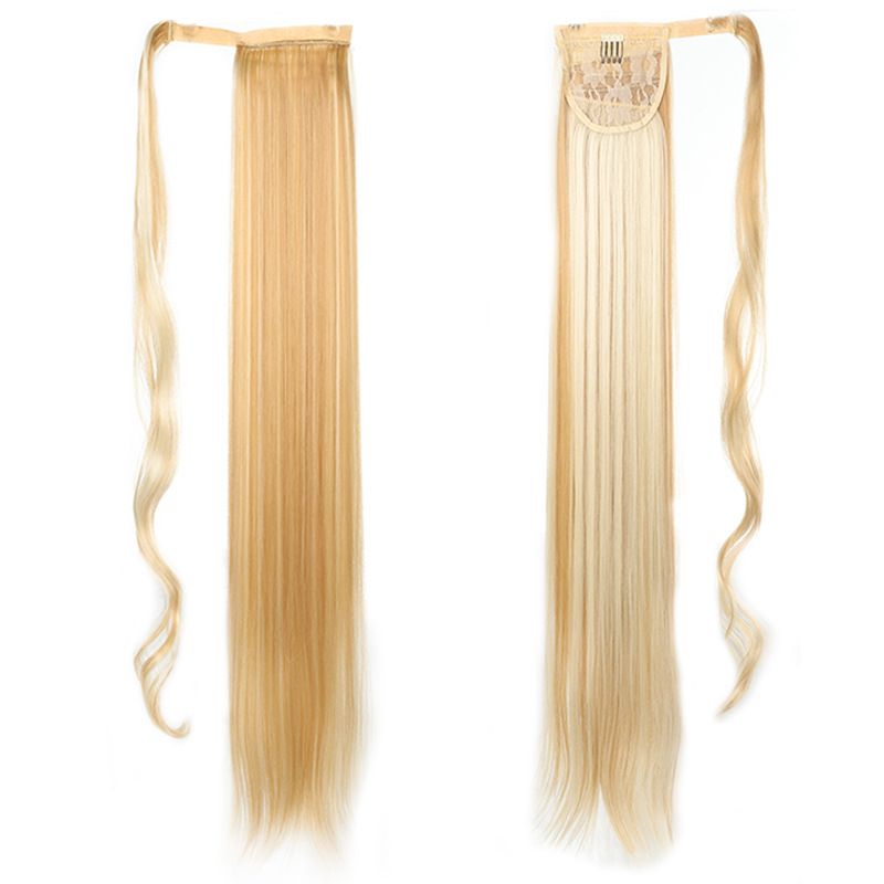 85 CM Ponytail Extension Wrap Around Long Straight Pony Tail Hair Synthetic Hairpiece for Women Color Blonde Long Straight Wrap Around Ponytail Human Hair Clip Synthetic Hairpiece