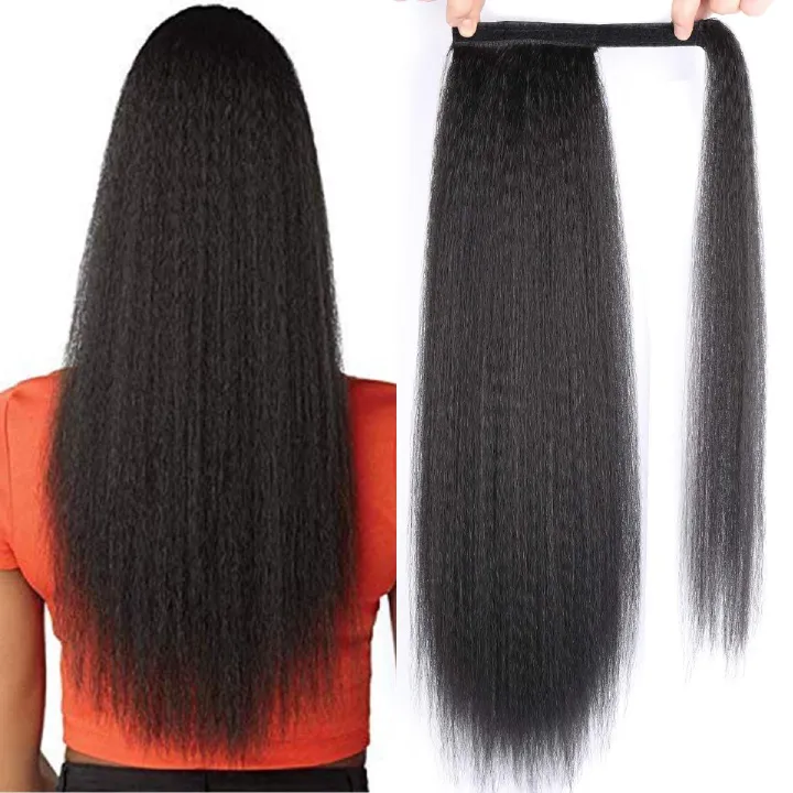 Long Yaki Straight Drawstring Ponytail Synthetic Thick Black Kinky Straight Ponytail Hairpieces Extensions Natural Black Color Clip in Drawstring Yaki Kinky Straight Hairpiece Afro Ponytail Hair