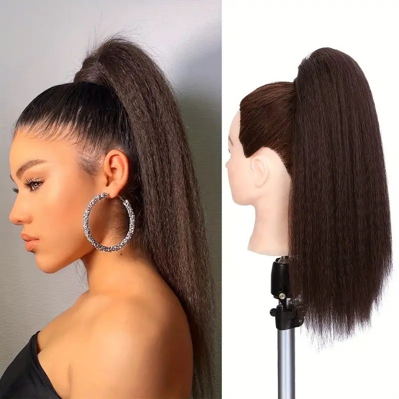 Long Yaki Straight Drawstring Ponytail Synthetic Thick Black Kinky Straight Ponytail Hairpieces Extensions Natural Black Color Clip in Drawstring Yaki Kinky Straight Hairpiece Afro Ponytail Hair