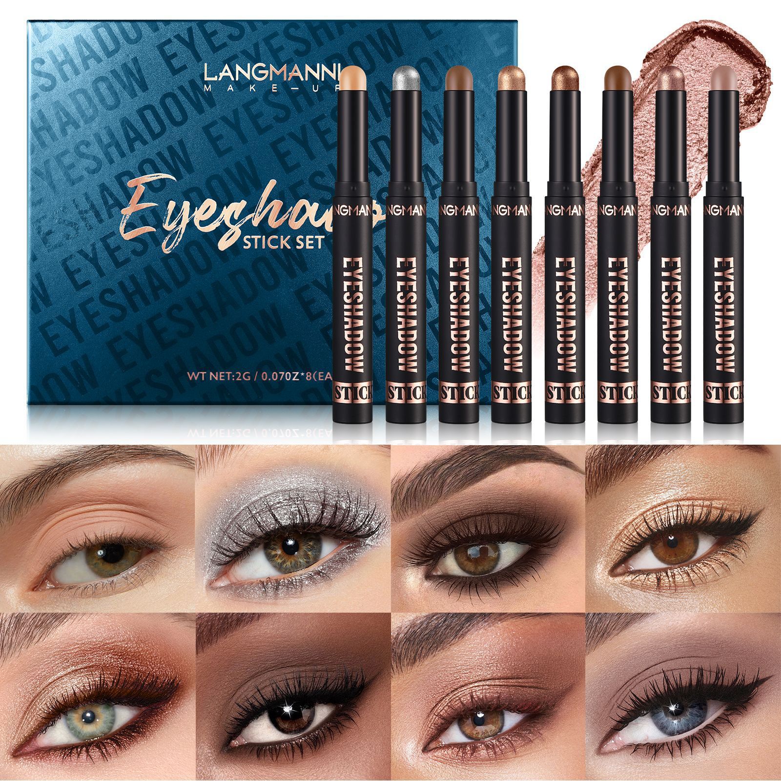 LANGMANNI Eyeshadow Stick,8 PCS Pro Kit Eyeshadow Stick Gift Makeup Set,Matte Earth Color+Bright Metal Color Multifunctional Contour Stick,Waterproof & Long-Lasting Professional Bright Eyeshadow