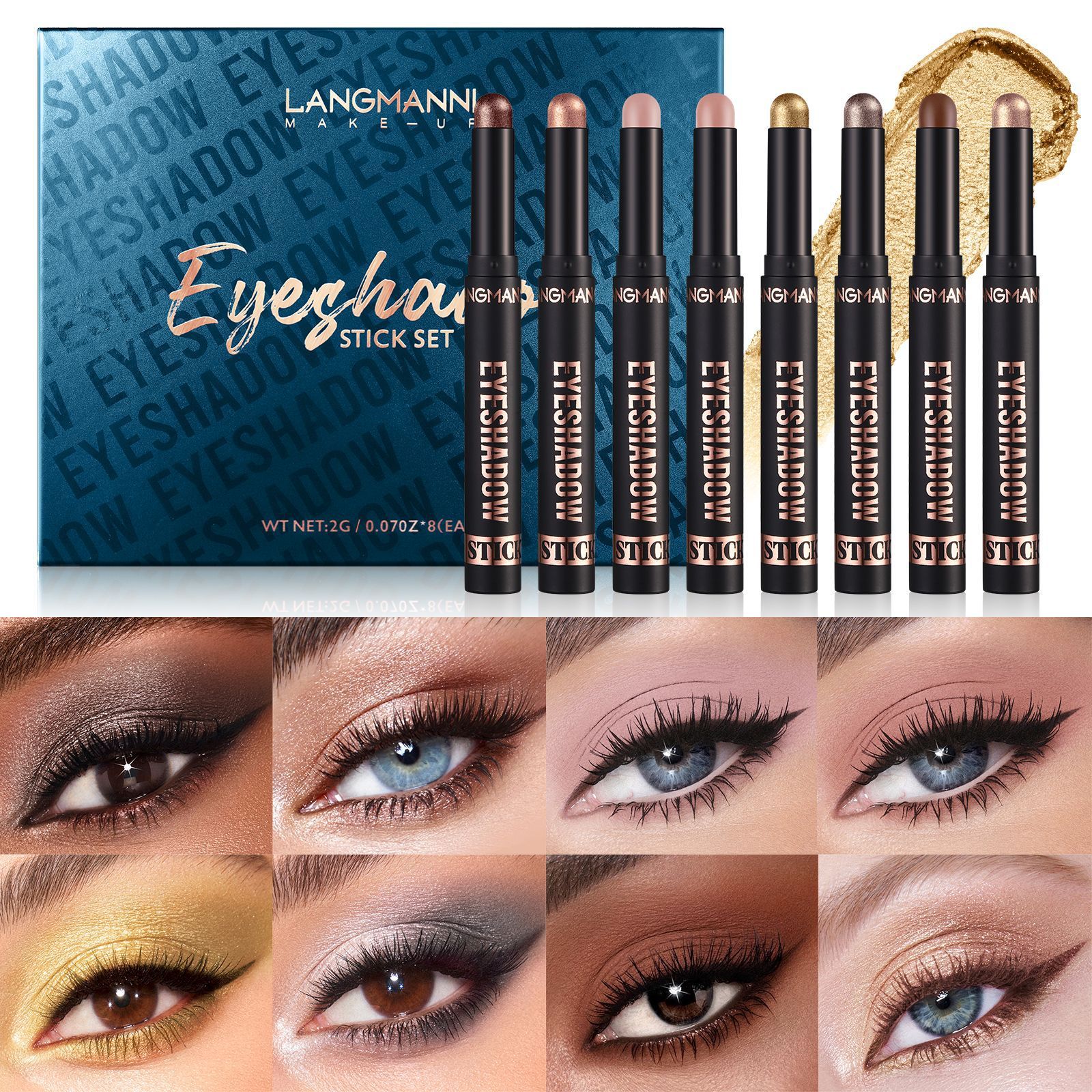 LANGMANNI Eyeshadow Stick,8 PCS Pro Kit Eyeshadow Stick Gift Makeup Set,Matte Earth Color+Bright Metal Color Multifunctional Contour Stick,Waterproof & Long-Lasting Professional Bright Eyeshadow