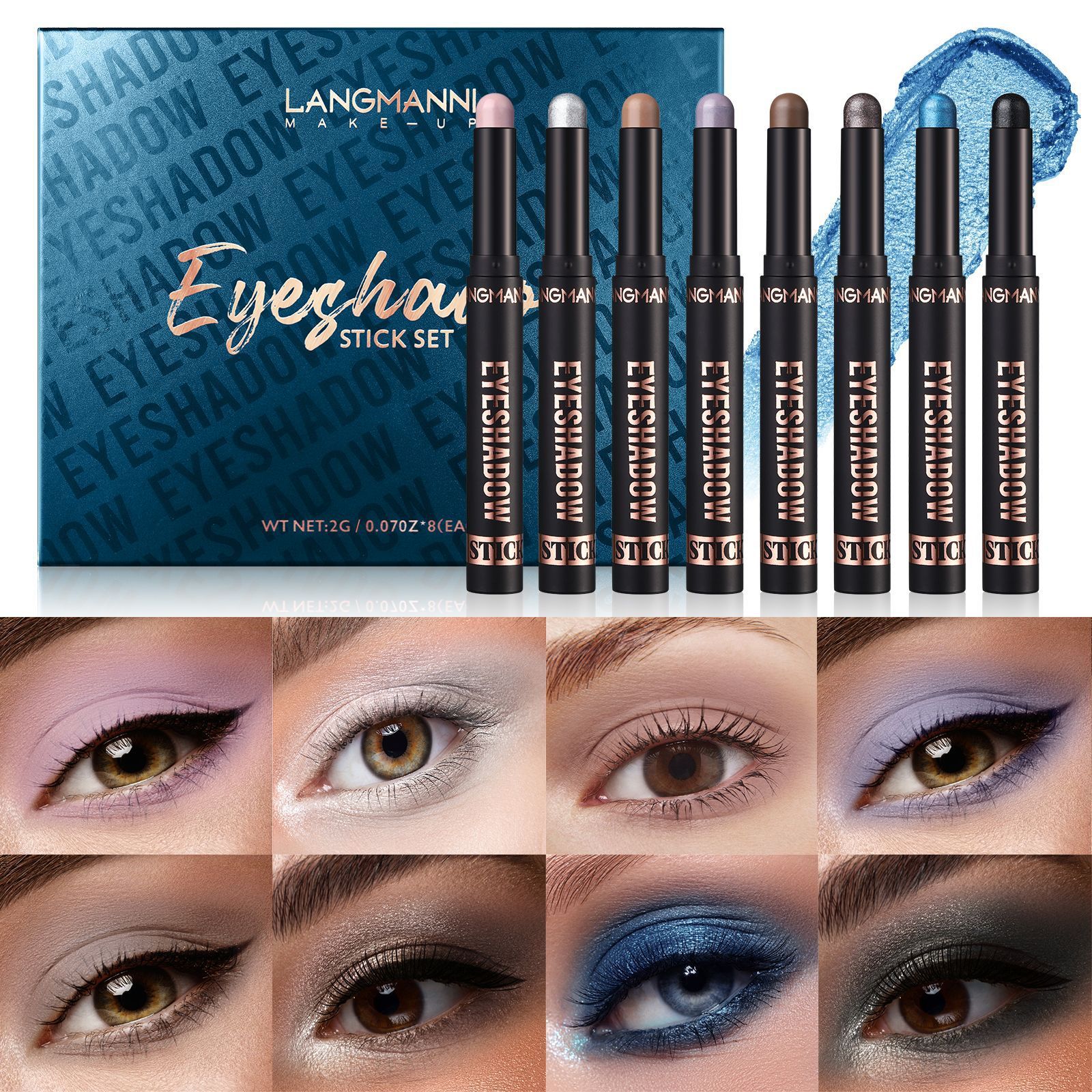 LANGMANNI Eyeshadow Stick,8 PCS Pro Kit Eyeshadow Stick Gift Makeup Set,Matte Earth Color+Bright Metal Color Multifunctional Contour Stick,Waterproof & Long-Lasting Professional Bright Eyeshadow
