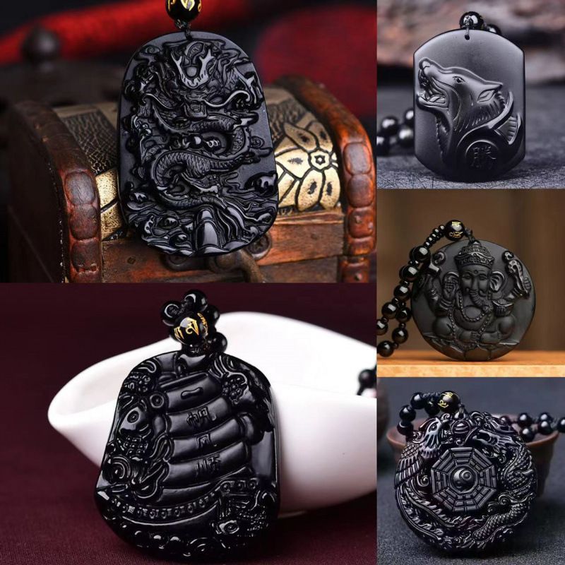 Obsidian Necklace Lucky Amulet Protection Pendant with Adjustable Bead Chain Black Crystal Talisman Spiritual Jewelry Lucky Amulet Protection Healing Crystal Stone Talisman Gift for Men Women