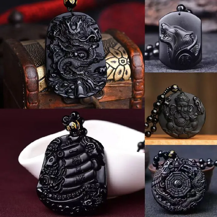 Obsidian Necklace Lucky Amulet Protection Pendant with Adjustable Bead Chain Black Crystal Talisman Spiritual Jewelry Lucky Amulet Protection Healing Crystal Stone Talisman Gift for Men Women