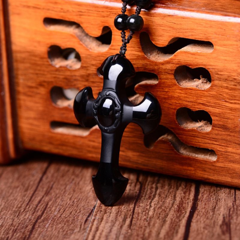 Obsidian Necklace Lucky Amulet Protection Pendant with Adjustable Bead Chain Black Crystal Talisman Spiritual Jewelry Lucky Amulet Protection Healing Crystal Stone Talisman Gift for Men Women