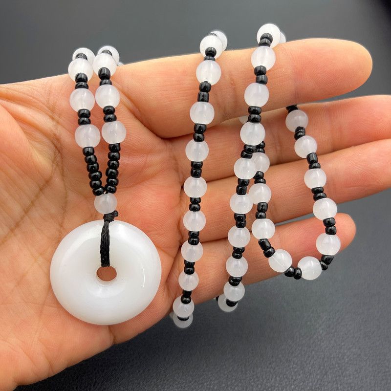 Necklace Black Healing Crystal Circle Amulet Lucky Coin Donuts Charm Protection Quartz Reiki Peace Donut Beads Pendant Necklace  for both men and women