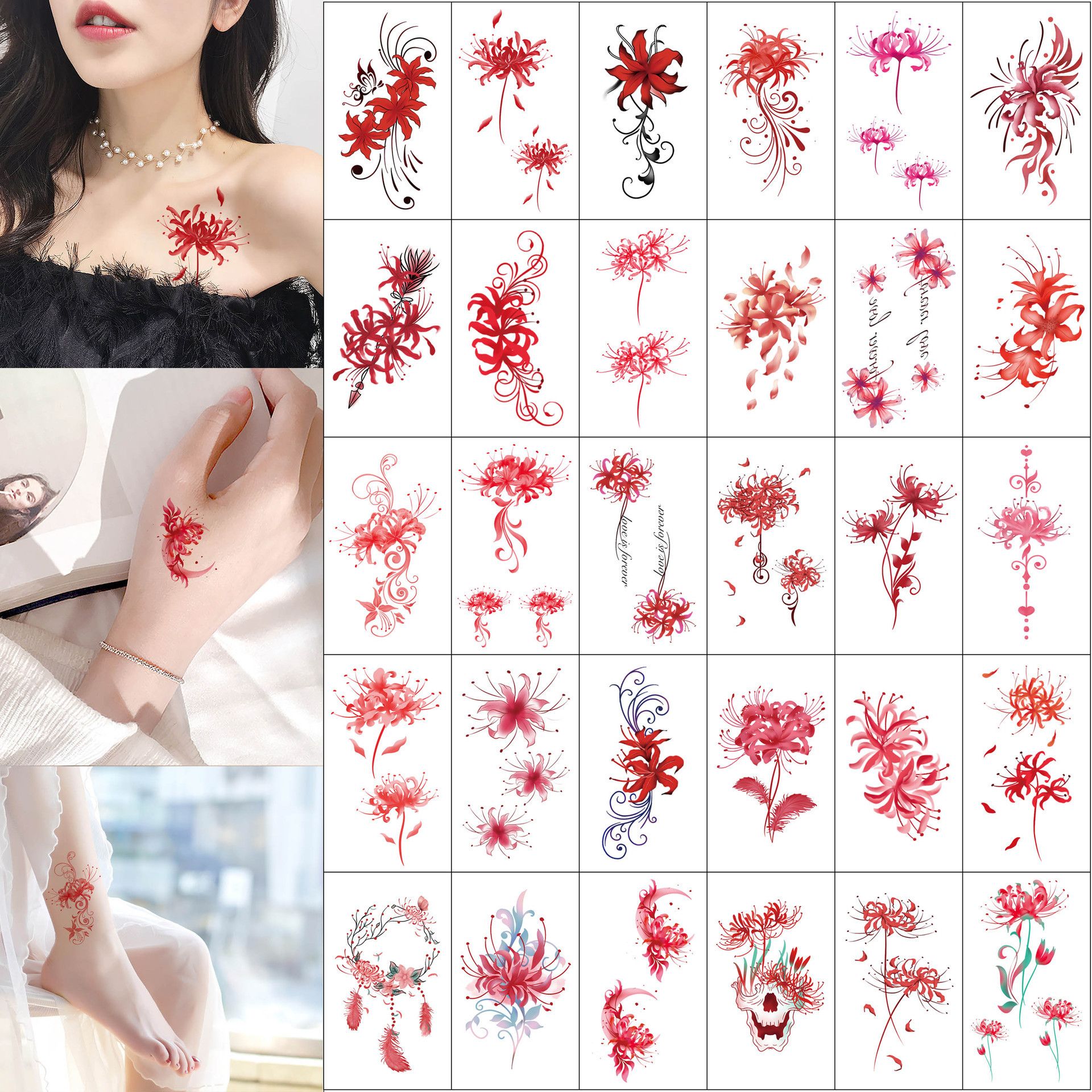 30 Sheets Temporary Tattoos Watercolor Floral Stickers Waterproof Fake Tattoo for Body Art, Mixed Style Realistic Small Flowers Women Girls Tattoos for Arm Hand Neck Legs Shoulder Back