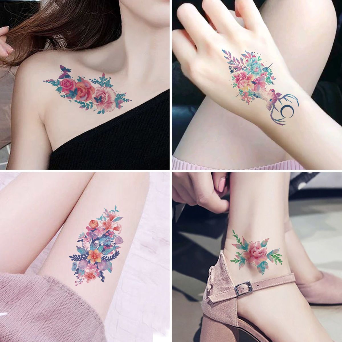 30 Sheets Temporary Tattoos Watercolor Floral Stickers Waterproof Fake Tattoo for Body Art, Mixed Style Realistic Small Flowers Women Girls Tattoos for Arm Hand Neck Legs Shoulder Back