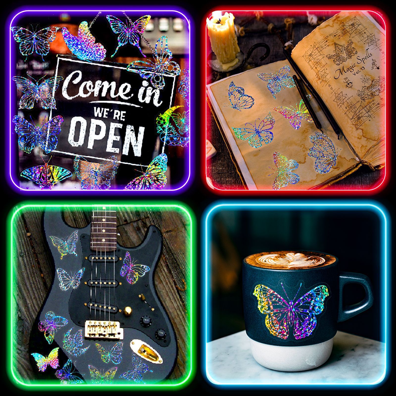 100Pcs Holographic Stickers, Waterproof Colorful Butterfly and Magic World Resin Transparent Decoration Waterproof Stickers for DIY Self-Adhesive Labels Scrapbook Journal Laptop Water Bottles Wall