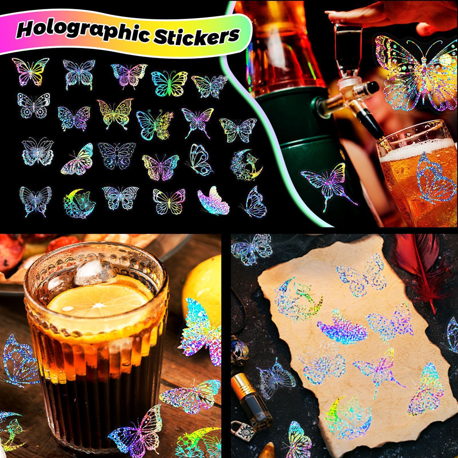 100Pcs Holographic Stickers, Waterproof Colorful Butterfly and Magic World Resin Transparent Decoration Waterproof Stickers for DIY Self-Adhesive Labels Scrapbook Journal Laptop Water Bottles Wall