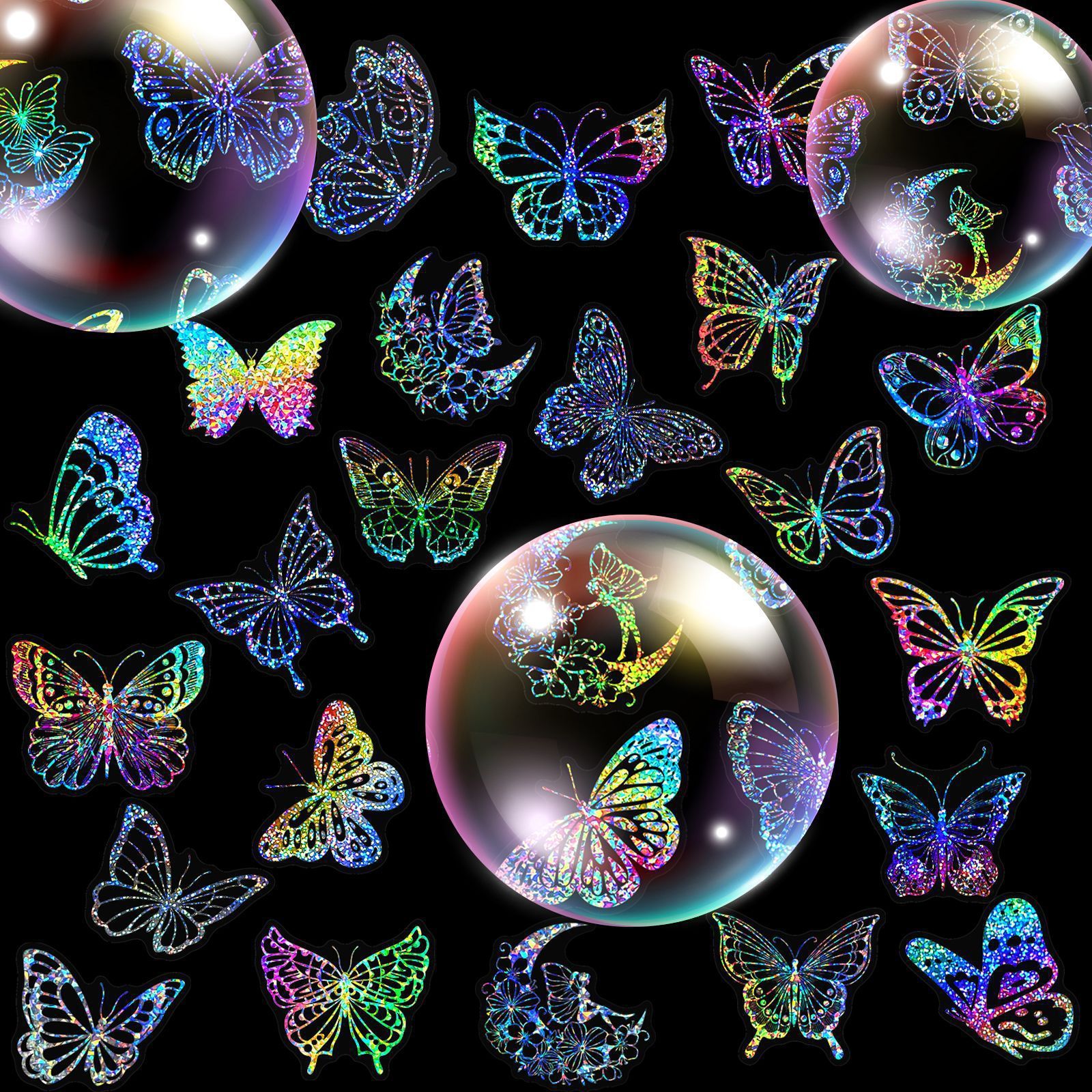 100Pcs Holographic Stickers, Waterproof Colorful Butterfly and Magic World Resin Transparent Decoration Waterproof Stickers for DIY Self-Adhesive Labels Scrapbook Journal Laptop Water Bottles Wall