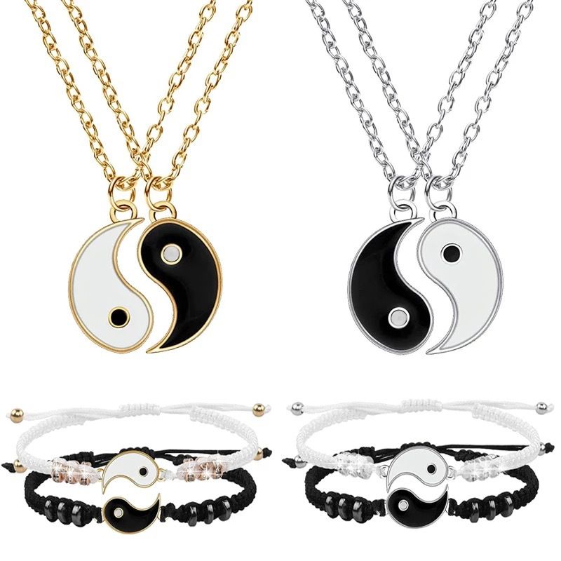 Matching Yin Yang Pendant Necklace Bracelet Set Couple Best Friend Necklace Adjustable Cord Dragon Unique TaiChi Fish  Pendant Necklace for BFF Boyfriend Girlfriend Birthday Gifts