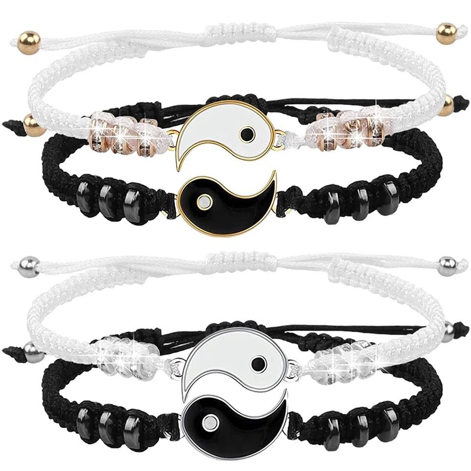 Matching Yin Yang Pendant Necklace Bracelet Set Couple Best Friend Necklace Adjustable Cord Dragon Unique TaiChi Fish  Pendant Necklace for BFF Boyfriend Girlfriend Birthday Gifts
