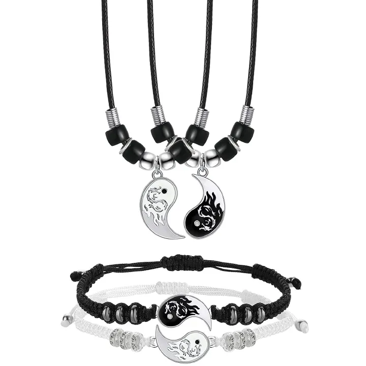 Matching Yin Yang Pendant Necklace Bracelet Set Couple Best Friend Necklace Adjustable Cord Dragon Unique TaiChi Fish  Pendant Necklace for BFF Boyfriend Girlfriend Birthday Gifts