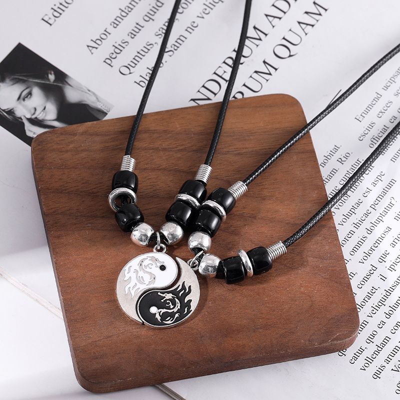 Matching Yin Yang Pendant Necklace Bracelet Set Couple Best Friend Necklace Adjustable Cord Dragon Unique TaiChi Fish  Pendant Necklace for BFF Boyfriend Girlfriend Birthday Gifts