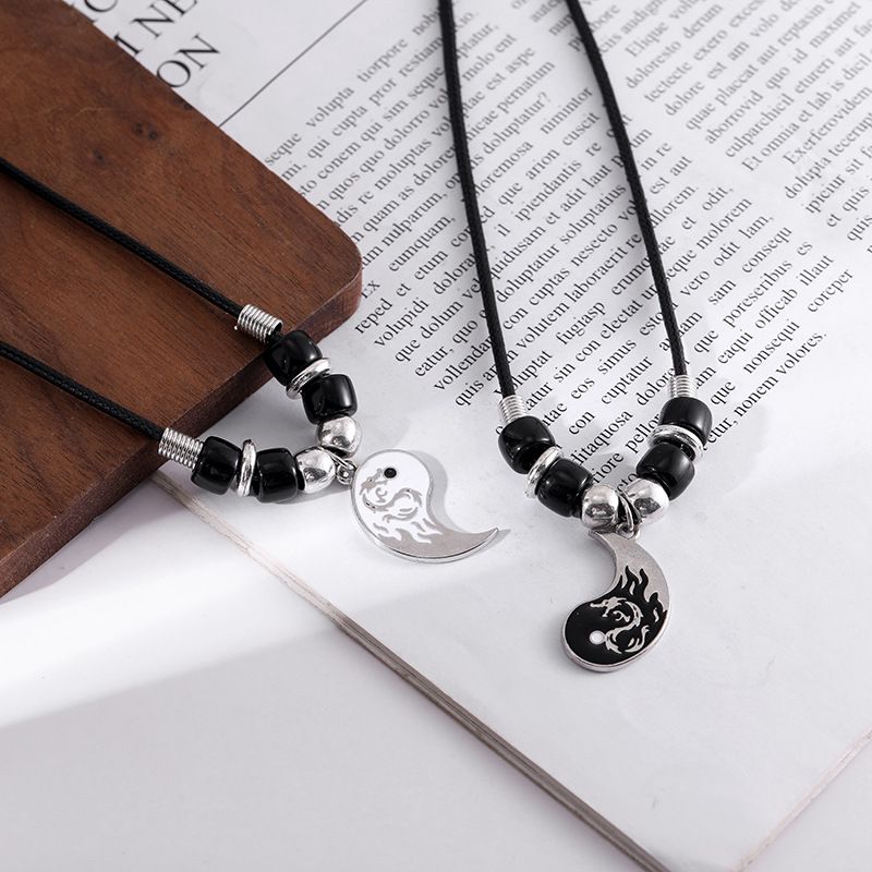 Matching Yin Yang Pendant Necklace Bracelet Set Couple Best Friend Necklace Adjustable Cord Dragon Unique TaiChi Fish  Pendant Necklace for BFF Boyfriend Girlfriend Birthday Gifts