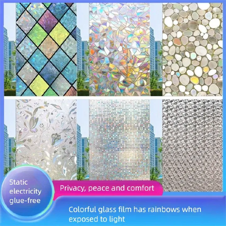 3D Window Film No Glue Privacy for Stained Glass Sticker Static Cling Heat Control Anti UV Non-Adhesive Decorative  Glass Window Film, Rainbow Window Privacy Film, Decorative Colorful Sun Blocking