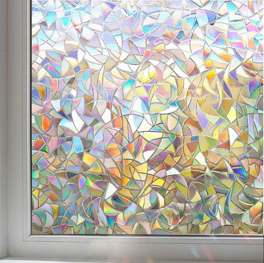 3D Window Film No Glue Privacy for Stained Glass Sticker Static Cling Heat Control Anti UV Non-Adhesive Decorative  Glass Window Film, Rainbow Window Privacy Film, Decorative Colorful Sun Blocking