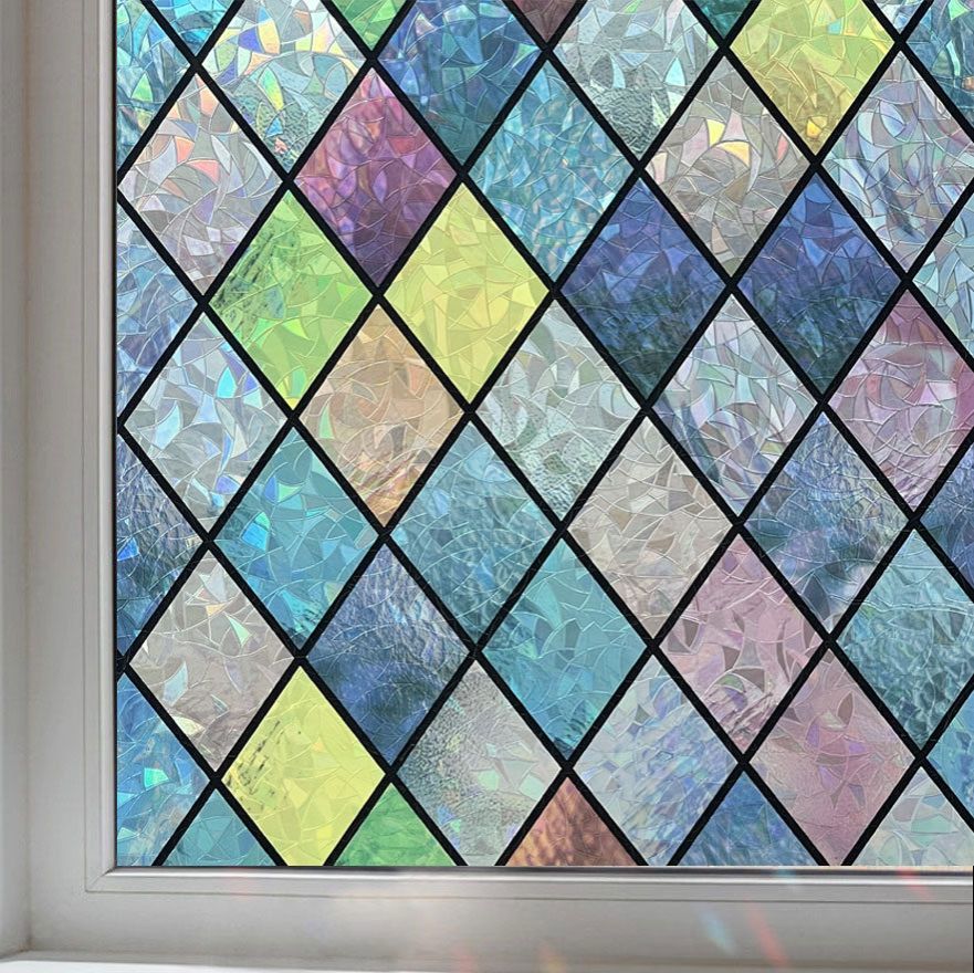 3D Window Film No Glue Privacy for Stained Glass Sticker Static Cling Heat Control Anti UV Non-Adhesive Decorative  Glass Window Film, Rainbow Window Privacy Film, Decorative Colorful Sun Blocking
