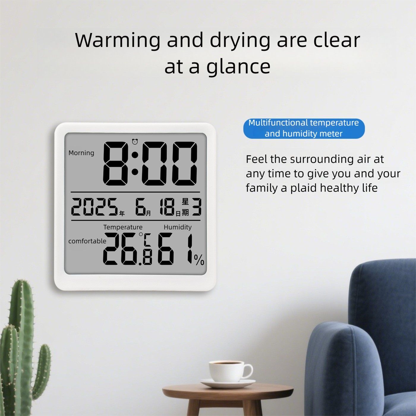 Room Thermometer Indoor Hygrometer Temperature and Humidity Gauge Monitor with High Accuracy Sensor LCD Display Large Display Date Clock for Kitchen Baby Room Office, Greenhouse Wine Cellar