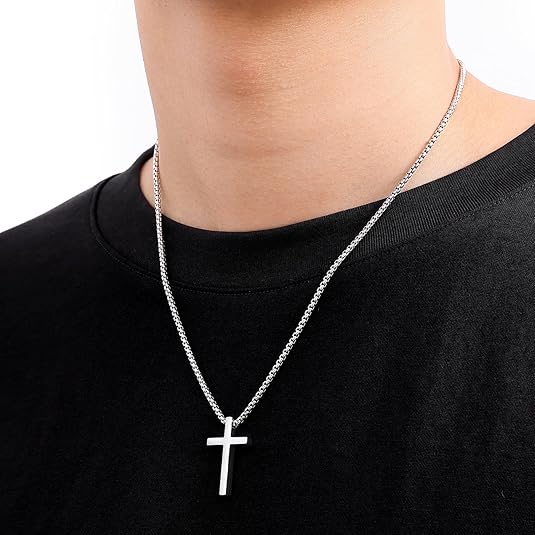 Cross Necklace for Men, Silver Black Gold Stainless Steel Plain Cross Pendant Necklace for Men Box Chain Silver Black Cross Chain Stainless Steel Pendant Jewelry Gifts Box Crucifix Necklace