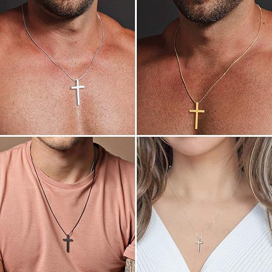 Cross Necklace for Men, Silver Black Gold Stainless Steel Plain Cross Pendant Necklace for Men Box Chain Silver Black Cross Chain Stainless Steel Pendant Jewelry Gifts Box Crucifix Necklace