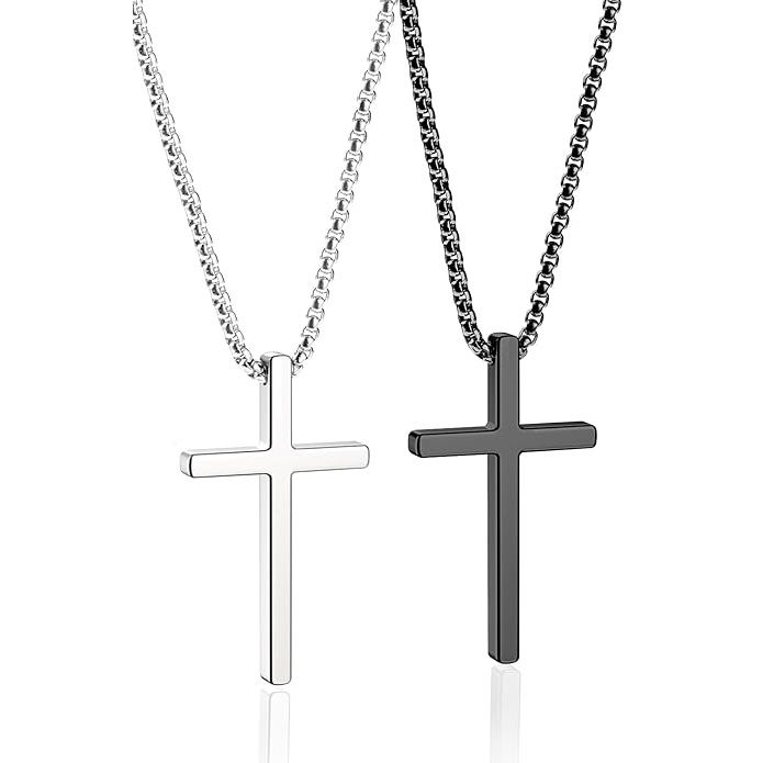 Cross Necklace for Men, Silver Black Gold Stainless Steel Plain Cross Pendant Necklace for Men Box Chain Silver Black Cross Chain Stainless Steel Pendant Jewelry Gifts Box Crucifix Necklace