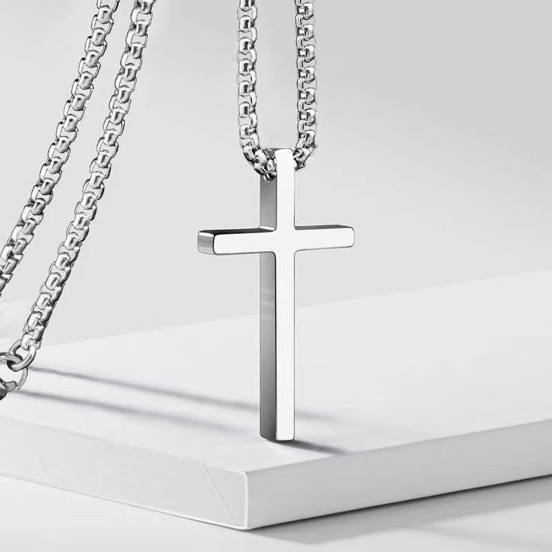 Cross Necklace for Men, Silver Black Gold Stainless Steel Plain Cross Pendant Necklace for Men Box Chain Silver Black Cross Chain Stainless Steel Pendant Jewelry Gifts Box Crucifix Necklace