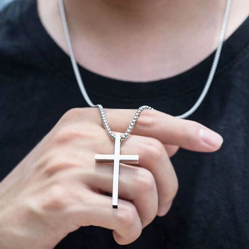 Cross Necklace for Men, Silver Black Gold Stainless Steel Plain Cross Pendant Necklace for Men Box Chain Silver Black Cross Chain Stainless Steel Pendant Jewelry Gifts Box Crucifix Necklace