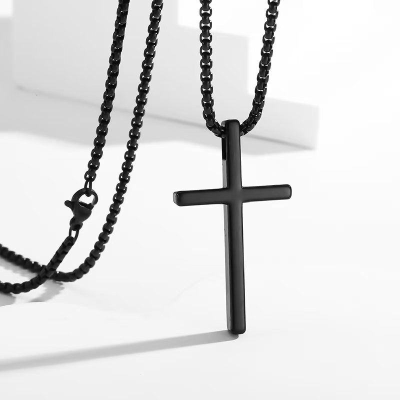 Cross Necklace for Men, Silver Black Gold Stainless Steel Plain Cross Pendant Necklace for Men Box Chain Silver Black Cross Chain Stainless Steel Pendant Jewelry Gifts Box Crucifix Necklace