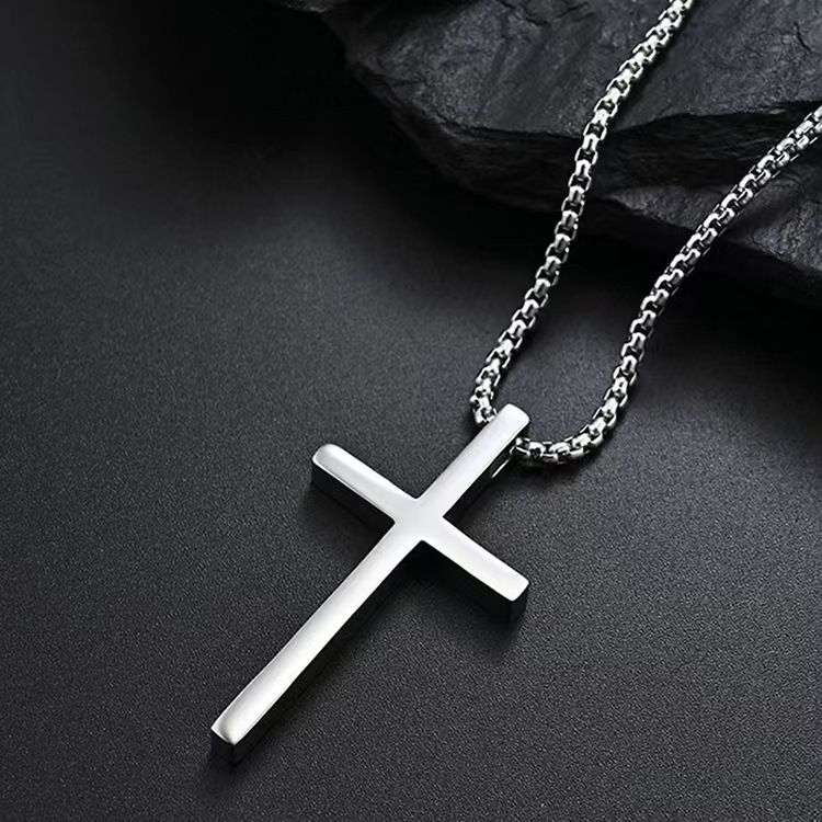 Cross Necklace for Men, Silver Black Gold Stainless Steel Plain Cross Pendant Necklace for Men Box Chain Silver Black Cross Chain Stainless Steel Pendant Jewelry Gifts Box Crucifix Necklace