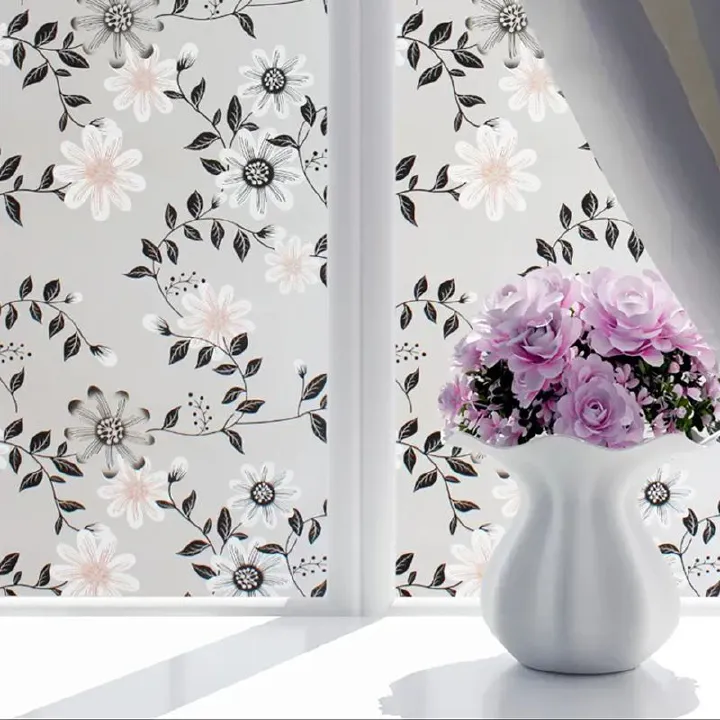 Decorative Window Film Etched Floral,Privacy Door Film,Static Cling Glass Film,No Glue Stained Glass Anti UV Window Paper Frosted Glass Film for Bathroom,Office,Meeting Room,Bedroom