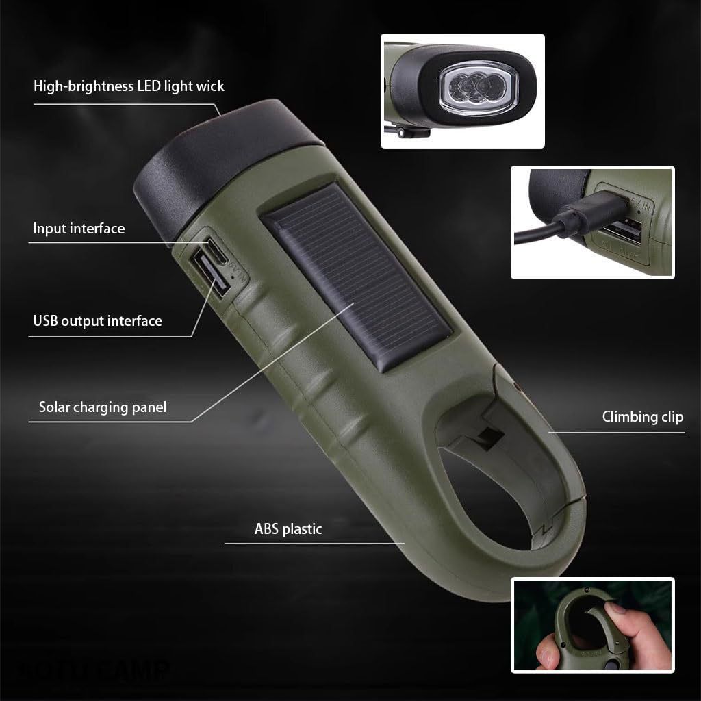 Hand Crank Solar Powered Flashlight, Emergency Rechargeable LED Flashlight with Dynamo Carbiner, Survival Flashlight, Quick Snap Carbiner Dynamo Flashlight Torch for Outdoor Sports
