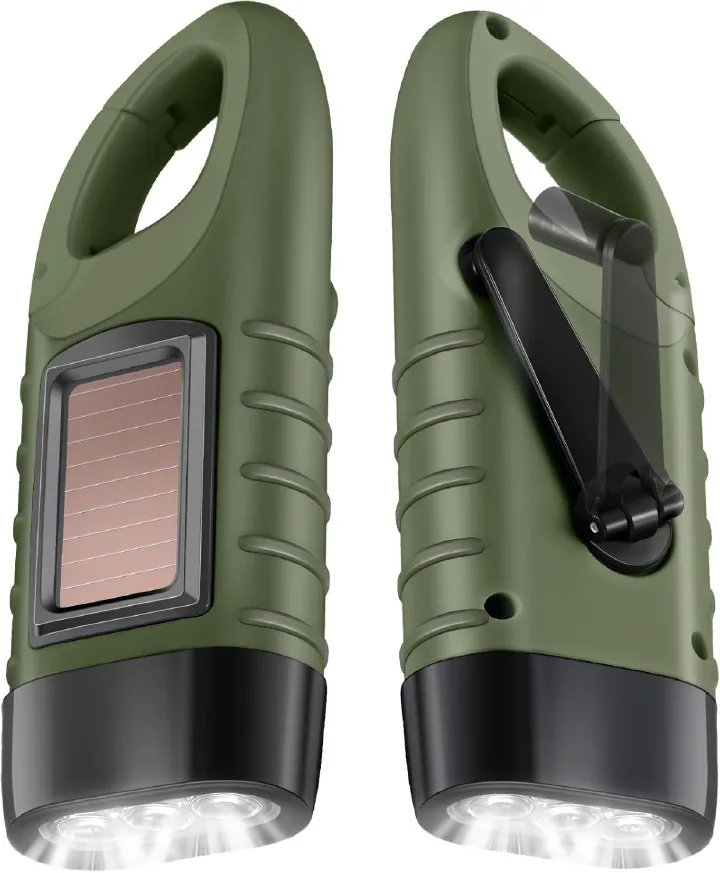 Hand Crank Solar Powered Flashlight, Emergency Rechargeable LED Flashlight with Dynamo Carbiner, Survival Flashlight, Quick Snap Carbiner Dynamo Flashlight Torch for Outdoor Sports