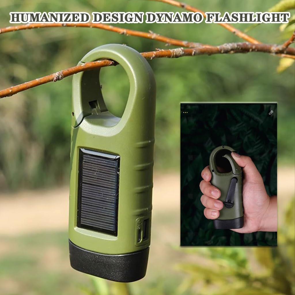 Hand Crank Solar Powered Flashlight, Emergency Rechargeable LED Flashlight with Dynamo Carbiner, Survival Flashlight, Quick Snap Carbiner Dynamo Flashlight Torch for Outdoor Sports